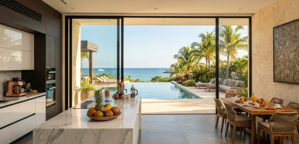 Cocina abierta y terraza residencial de lujo con vistas tropicales en República Dominicana, representativa del coste de vida y poder adquisitivo para residentes.