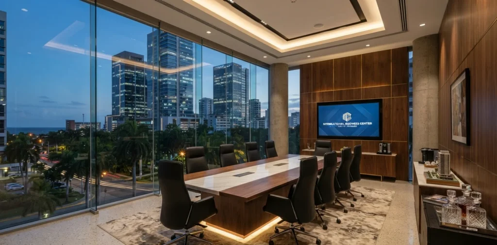 Sala ejecutiva y centro corporativo en Santo Domingo, representativo de la constitución de sociedades mercantiles y registro de SRL en República Dominicana.