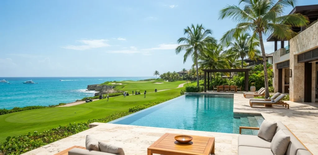 Terraza residencial frente al mar y campo de golf en Cap Cana, representativa del estilo de vida, seguridad y ocio exclusivo en República Dominicana.