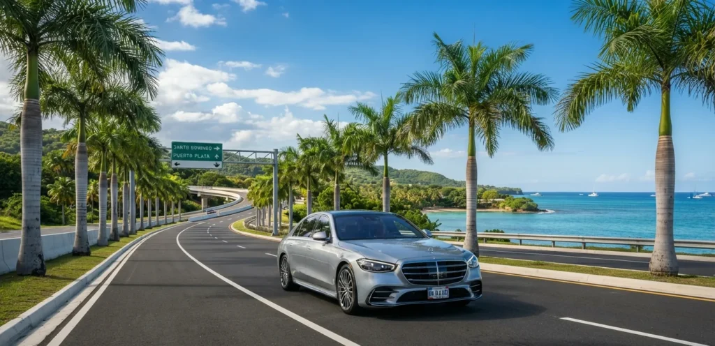 Conducción por carretera costera moderna en República Dominicana, representativa de la homologación de licencias de conducir y normativa del INTRANT.