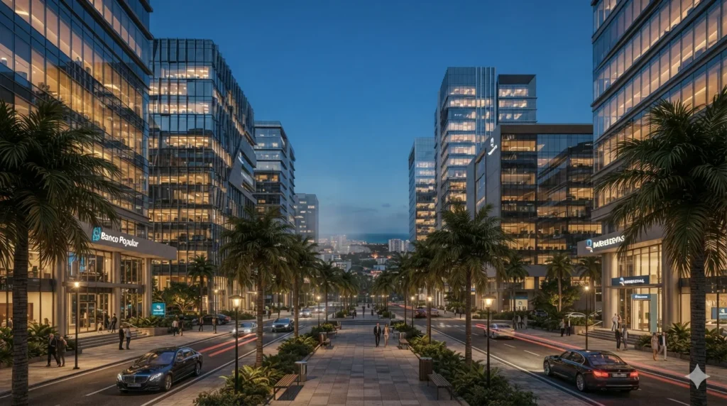 Distrito corporativo y financiero moderno en Santo Domingo, representativo del sistema tributario territorial y la fiscalidad en República Dominicana.