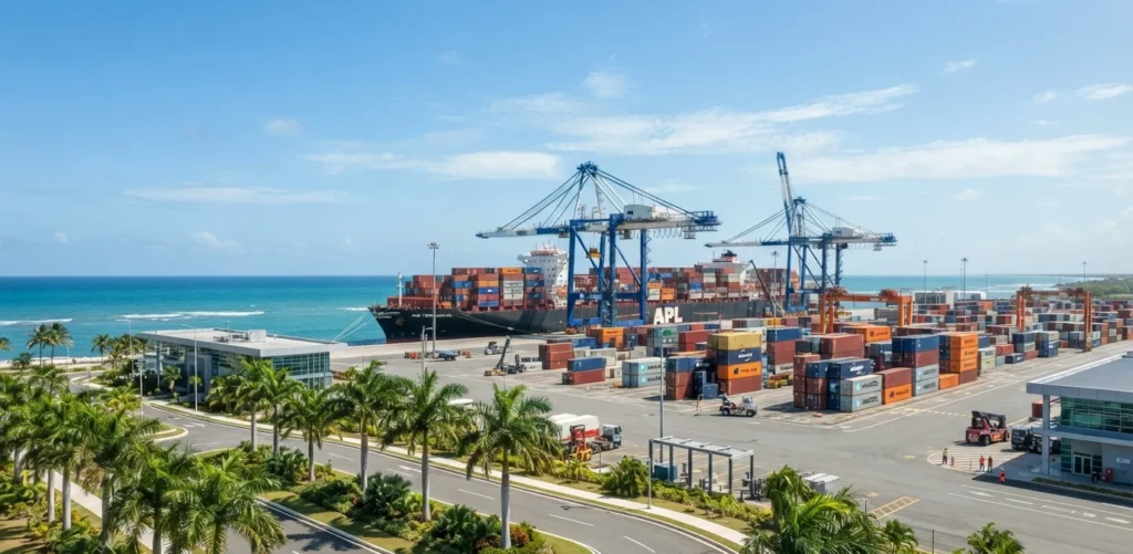 Terminal marítima de contenedores en Puerto Caucedo República Dominicana, representativa de la logística de mudanza internacional y desaduanaje de enseres.
