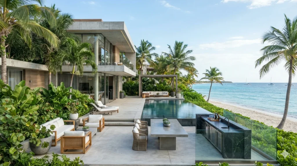 Contemporary executive architecture and Caribbean coastline in the Dominican Republic, showcasing tax residency and CONFOTUR real estate investment.