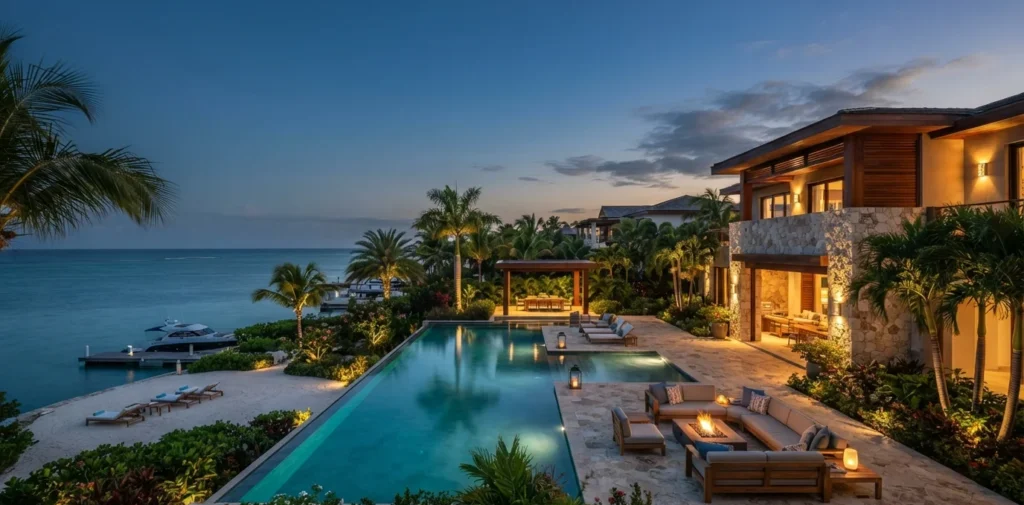 Villa residencial costera y terraza con piscina en Cap Cana, representativa de la residencia para rentistas e inversores bajo la Ley 171-07 en República Dominicana.