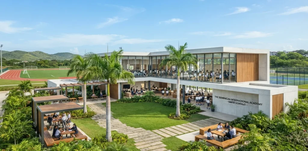Campus contemporáneo de un colegio internacional privado en República Dominicana, representativo de la oferta educativa y acreditaciones IB para familias de residentes.