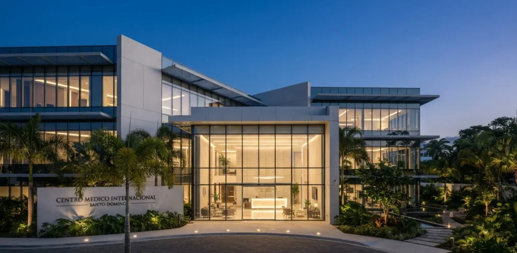 Fachada contemporánea de un centro médico hospitalario privado de alta tecnología en República Dominicana, representativo de la infraestructura sanitaria y seguros para extranjeros.