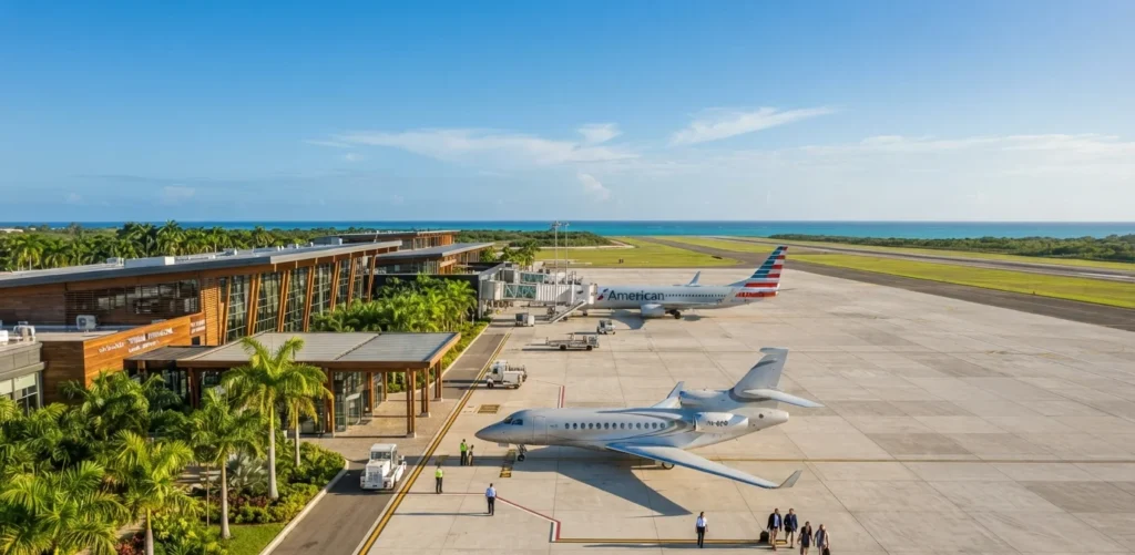 Pista y terminal de aviación internacional en Punta Cana República Dominicana, representativa de las conexiones aéreas y vuelos directos con Norteamérica y Europa.

