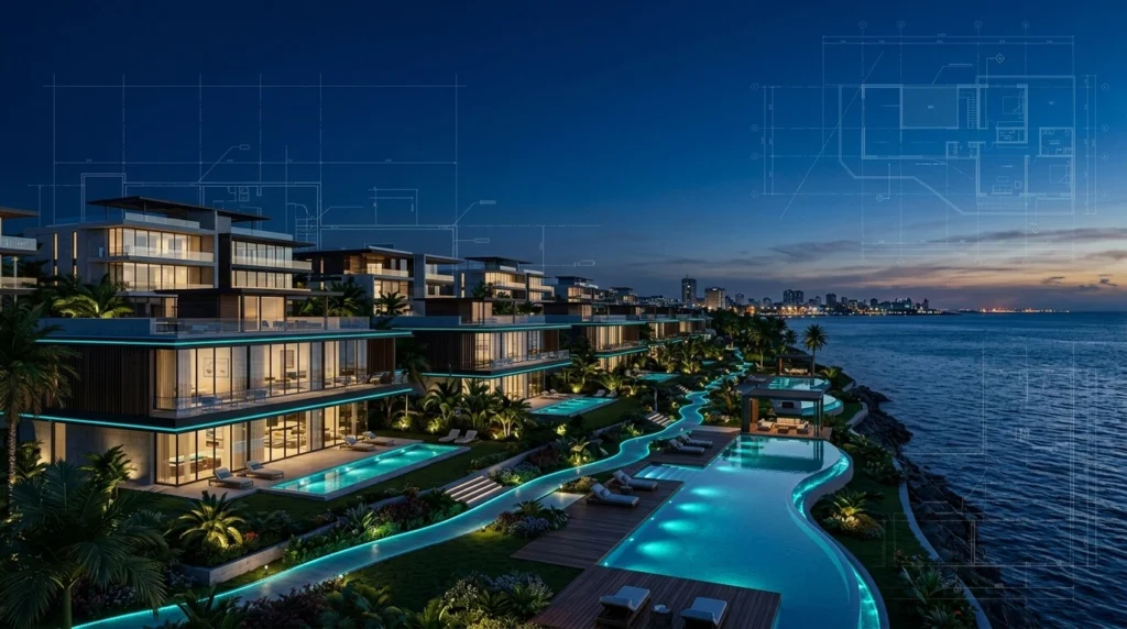 Renderizado arquitectónico de villas residenciales de lujo en Santo Domingo durante el crepúsculo caribeño con fachadas de cristal.