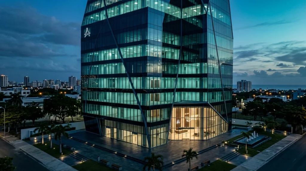 Fotografía arquitectónica cinematográfica de un edificio corporativo moderno en Santo Domingo al atardecer con fachada de cristal geométrico